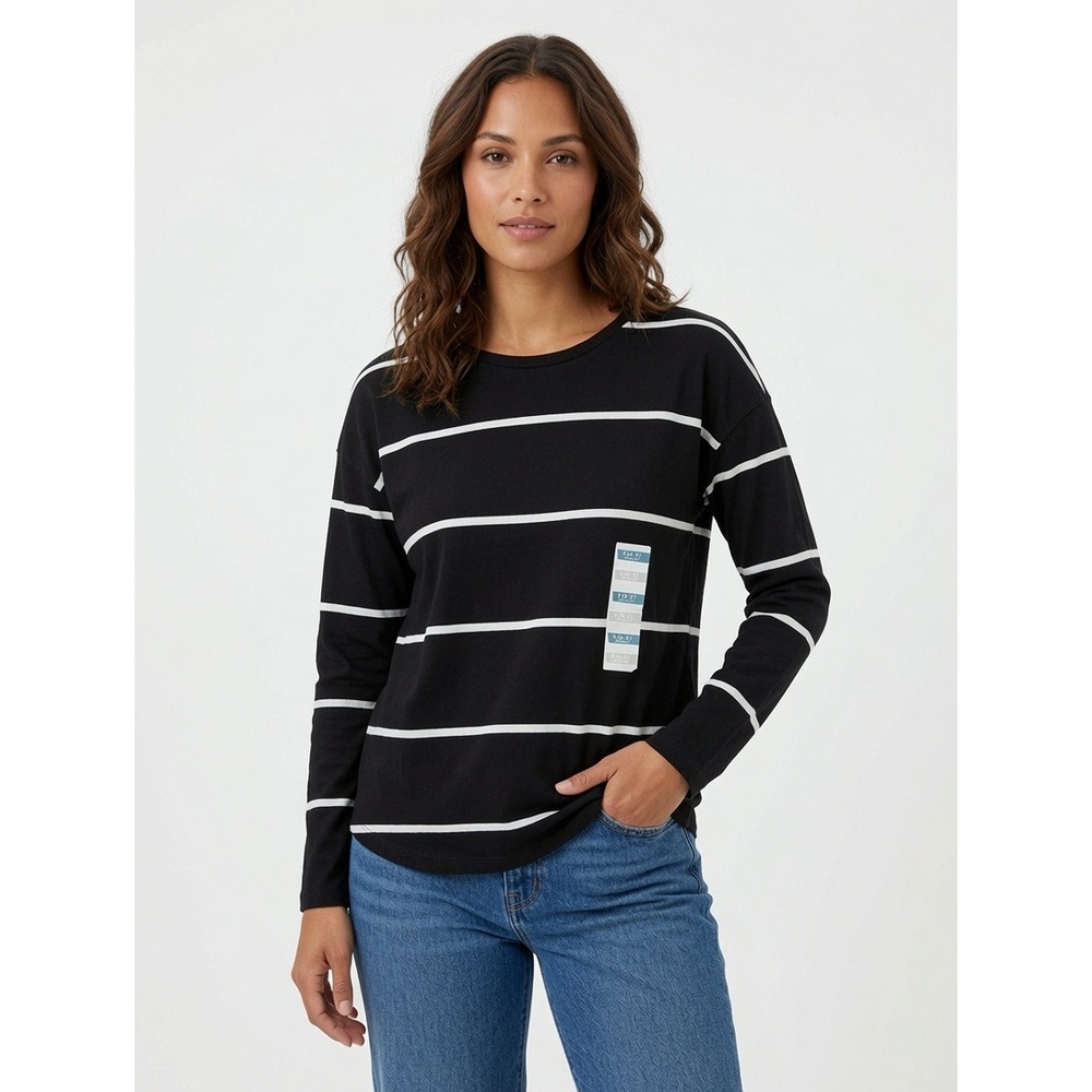Old Navy Women's Small 6-7 Tee Black White Long Sleeve Cotton Relaxed NWT